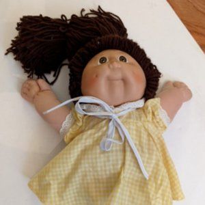 Cabbage Patch 1982 No Date Signature Doll Yellow Gingham Outfit w Leggings Brown